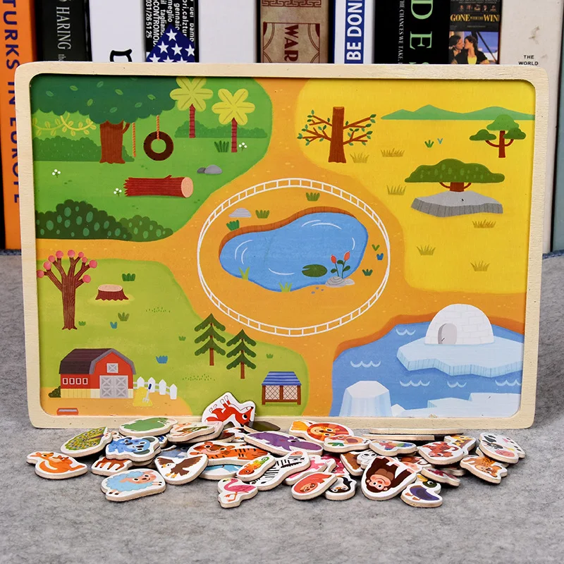 Новая деревянная магнитная головоломка с животными и дорожным автомобилем, Детская игра для раннего обучения, Обучающие игрушки, пазлы для детей