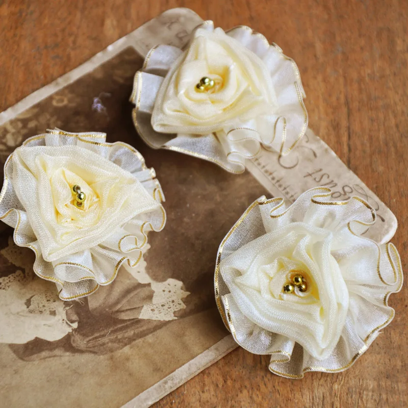 Buy Applique Patches Yellow chiffon flower With small beads DIY supplies fabric