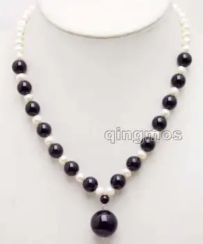 

6-7mm Natural White Pearl & 8mm Black Stone and 18mm Black beads Pendant 17" necklace-ne5994 Wholesale/retail