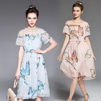 

2017Fashion Women Summer elegant mesh beaded O neck elegant chiffon dress pinched waist party dress plus size vestido XXXXXL3787