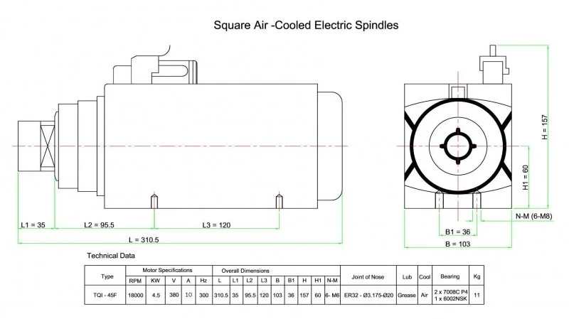4.5kw ER32 air cooled spindle motor dimension