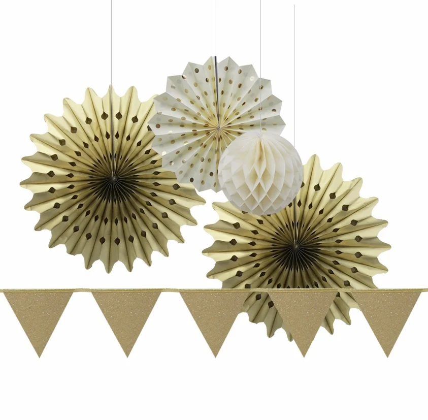 

5pcs Gold Glitter Party Decoration Paper Fans Birthday Wedding Anniversary Showers Paper Crafts Banner Celebration Party Decor