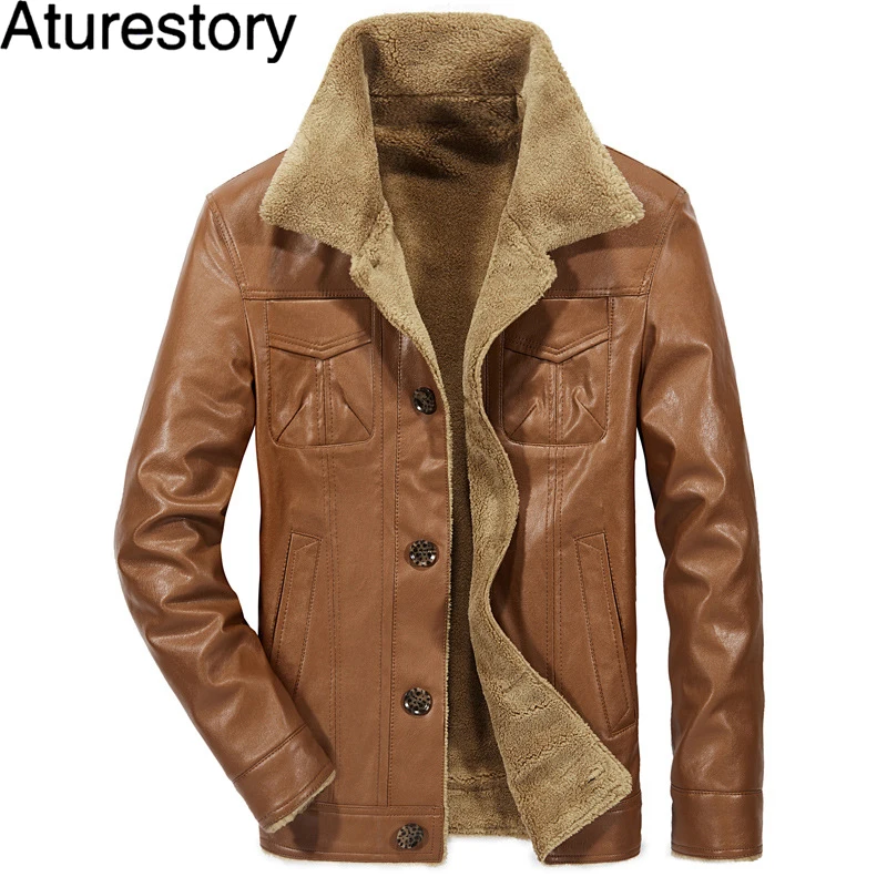 Aturestory зимние мужские кожаные куртки флисовые теплые ПУ мужской кожаный плащ