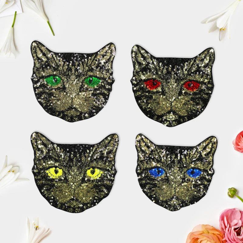 New High quality Sequin Handmade Four Color Eyes Cat Embroidered Sew On