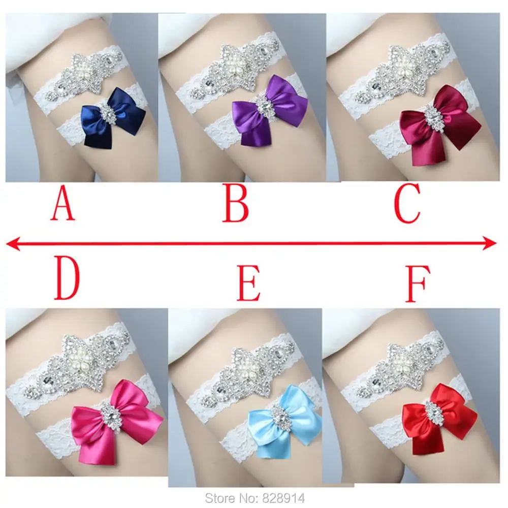 

Lowosaiwor Factory Original Design Riibon Bow Crystal Applique Sexy Lace Wedding Garter Set Bride Leg Garter Belt Handmade