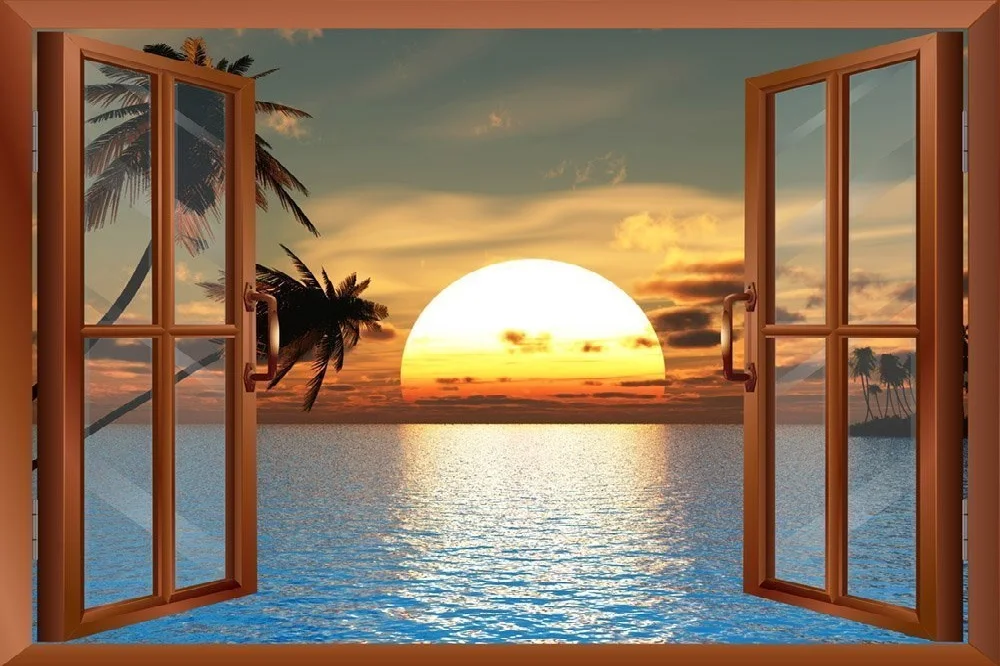 

Free shipping 3D Window Stickers Seaside Sunrise Wall Decal Art Removable Wallpaper Mural Sticker Vinyl Home Decor