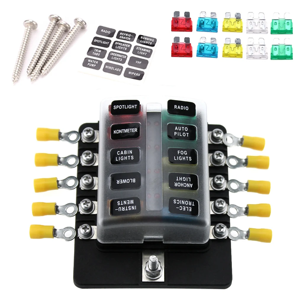 10 Way Blade Fuse Box Holder Fuse Blocks Red LED Indicator 10Pcs Fuses