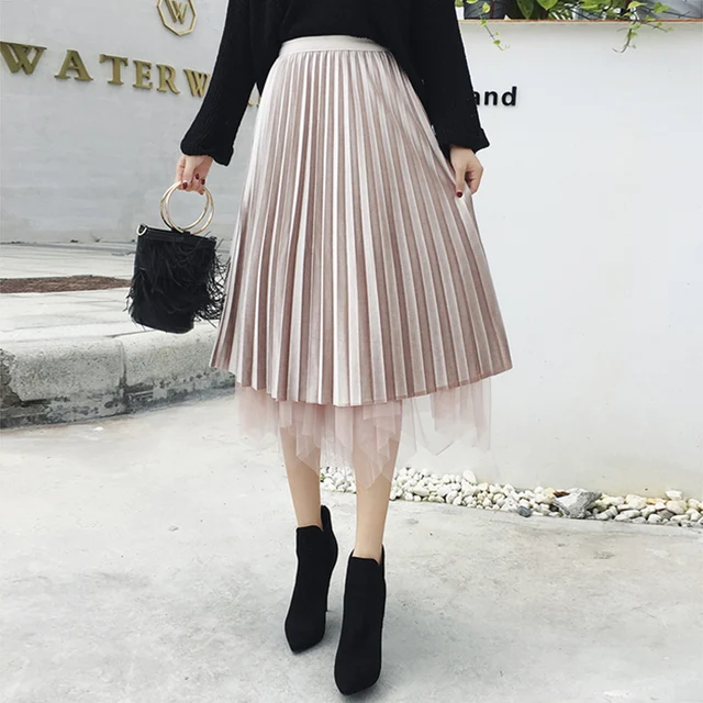 Korean Fashion Irregular Mesh Velvet Pleated Skirt Women Jupe Femme