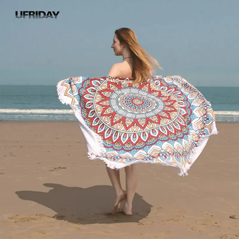 UFRIDAY Bohemia Beach Towel With Tassels Multifunctional Circular Bath Towels for Adults Shawl Mat Thick Swimming Sports | Дом и сад