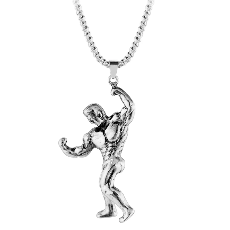 Gym Fitness Strong Men Necklace Silver Alloy Chain Bodybuilding Sports