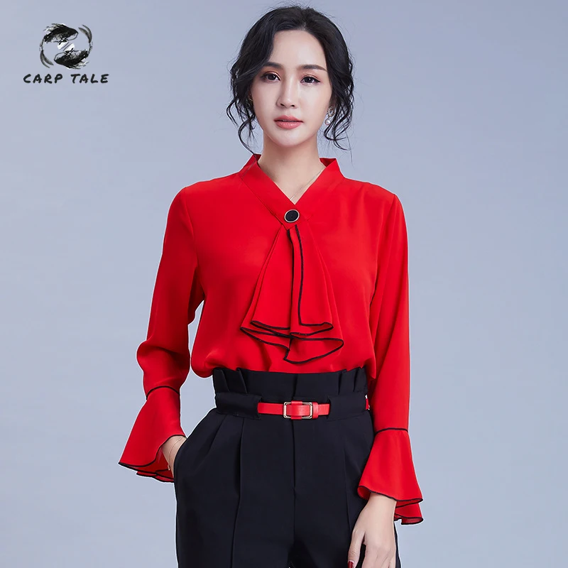 

Spring women's trumpet sleeves hit color V-neck chiffon shirt new European and American style loose loose head chiffon shirt