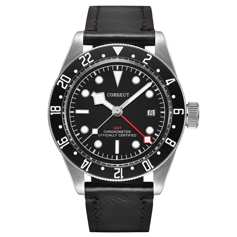 

Corgeut 41mm Mens Automatic Watch Black Rotatable Bezel White Marks Clock Sapphire Glass Red GMT Black Strap Watches CA2031SB