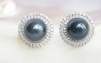 

ry00499 AAA Genuine Tahitian black round pearls earrings