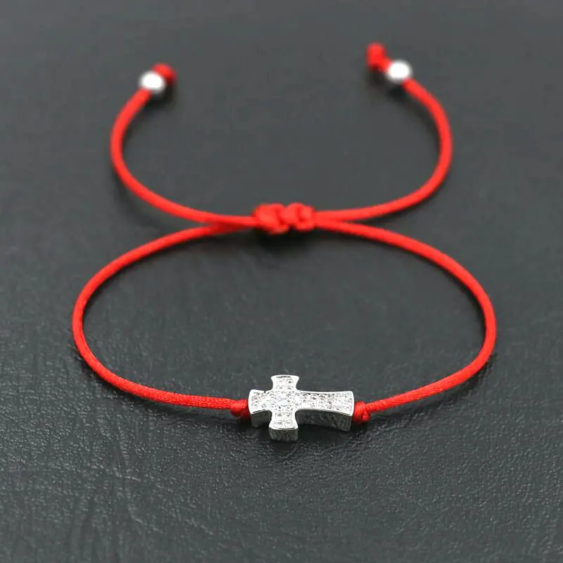 

BPPCCR Silver Color Micro Crystal CZ Rhinestone Crosses Bracelets Red Rope Thread String Braid Bracelet For Men Women Pulseira