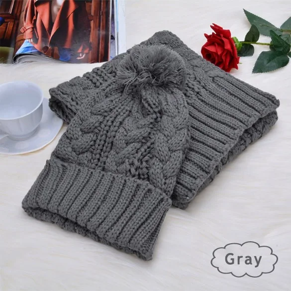 Зимний теплый женский модный вязаный шарф и шапка, вязаная шапка, лыжная шапка - Цвет: Серый