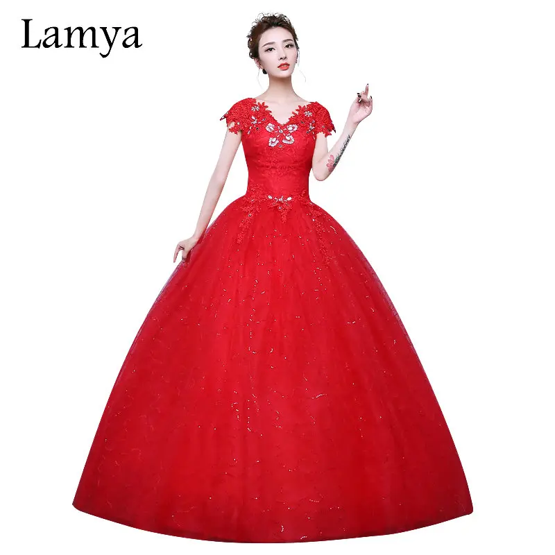 

High Quality Red Dress Floor Length Princess Bridal Ball Gown Lace Up Back V Neck Plus Size Pearl Wedding Gown Crystal Flowers
