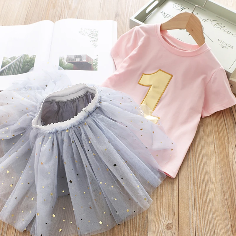 IYEAL/комплекты одежды для девочек г. Летняя детская одежда хлопковый топ с короткими рукавами для девочек, футболка+ юбка-пачка комплект из 2 предметов, детская одежда