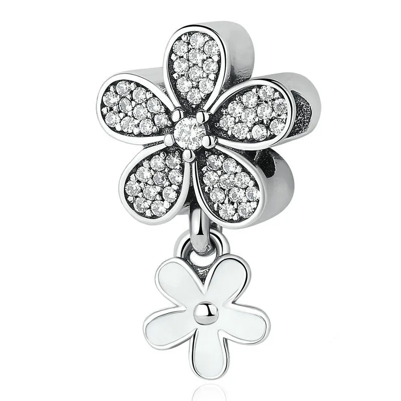 Authentic 925 Sterling Silver Dazzling Daisy Duo Charm White Enamel Clear CZ fit European Beads Charms Pandora Bracelets Jewelry | Украшения