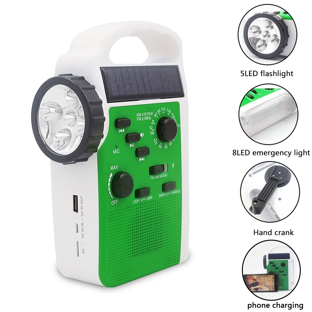 

AM/FM Bluetooth Solar Hand Crank Dynamo Outdoor Radio With Speaker Emergency Receiver Mobile Power Supply Flashlight