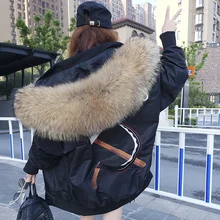 Зимняя женская Куртка парка с вышитыми буквами Свободное пальто из натурального меха енота с подкладкой из натурального меха енота теплая куртка