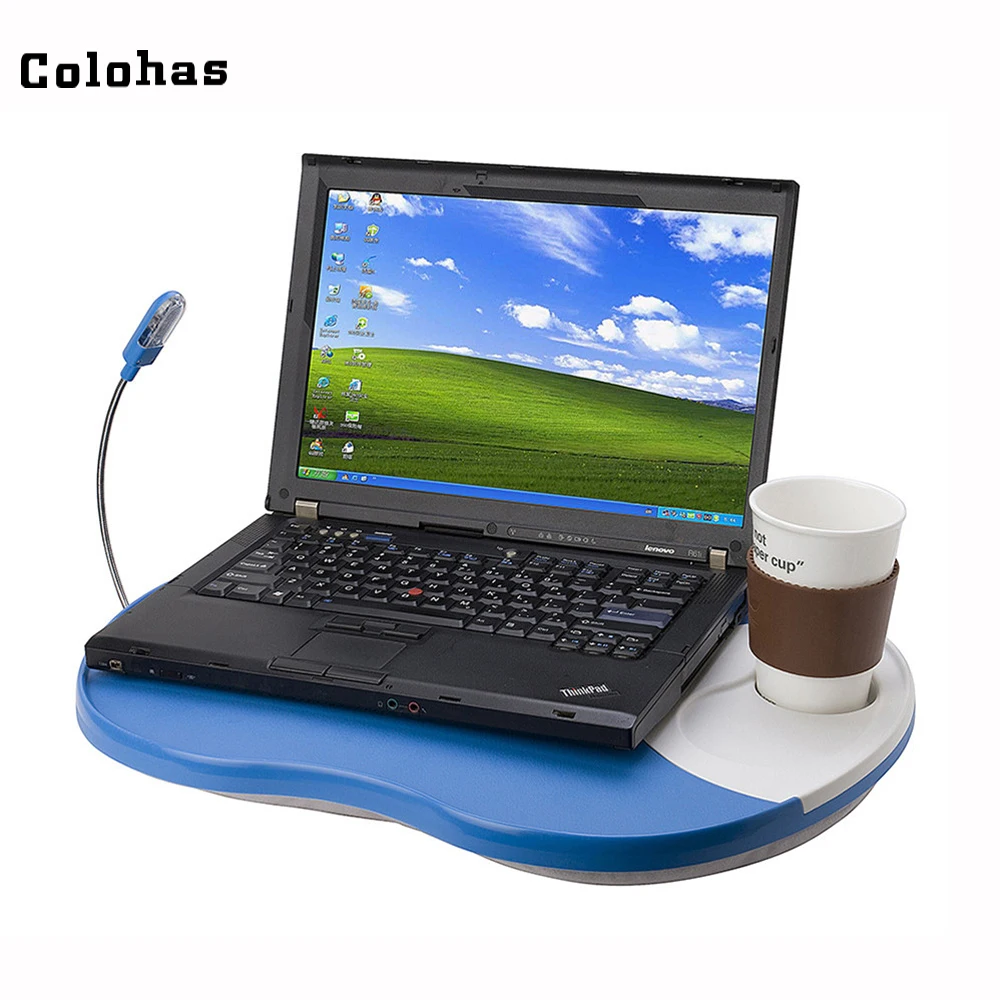

Knee Table Laptop Desk for 14 inch Computer Tablet Phone with Led Light Cup Slot Portable Outdoor Headrest Office Nap Pillow
