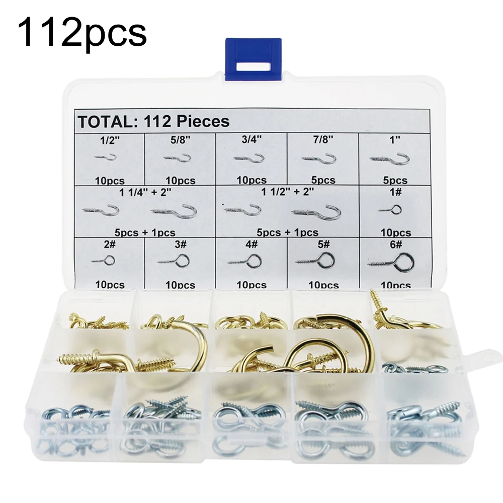 112pcs, 14 Sizes, Eye Bolts Screw Hooks Assortment Kits, Brass Plated
