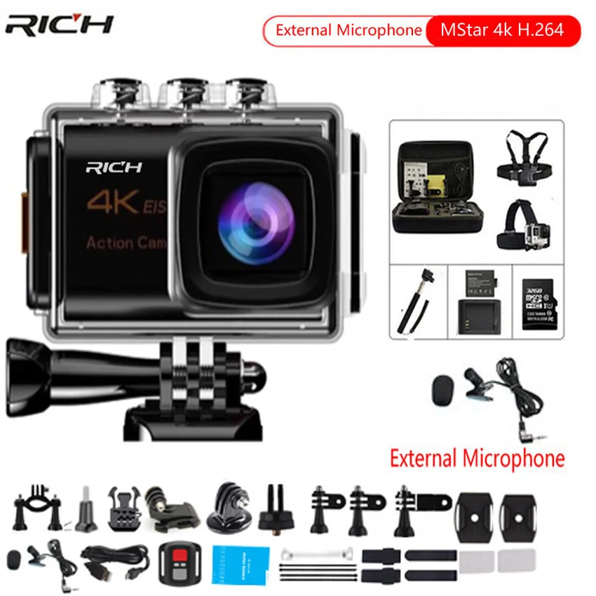  Action camera HD 4k 30fps Remote control Wifi 170 degree wide angle Compatible external microphone 