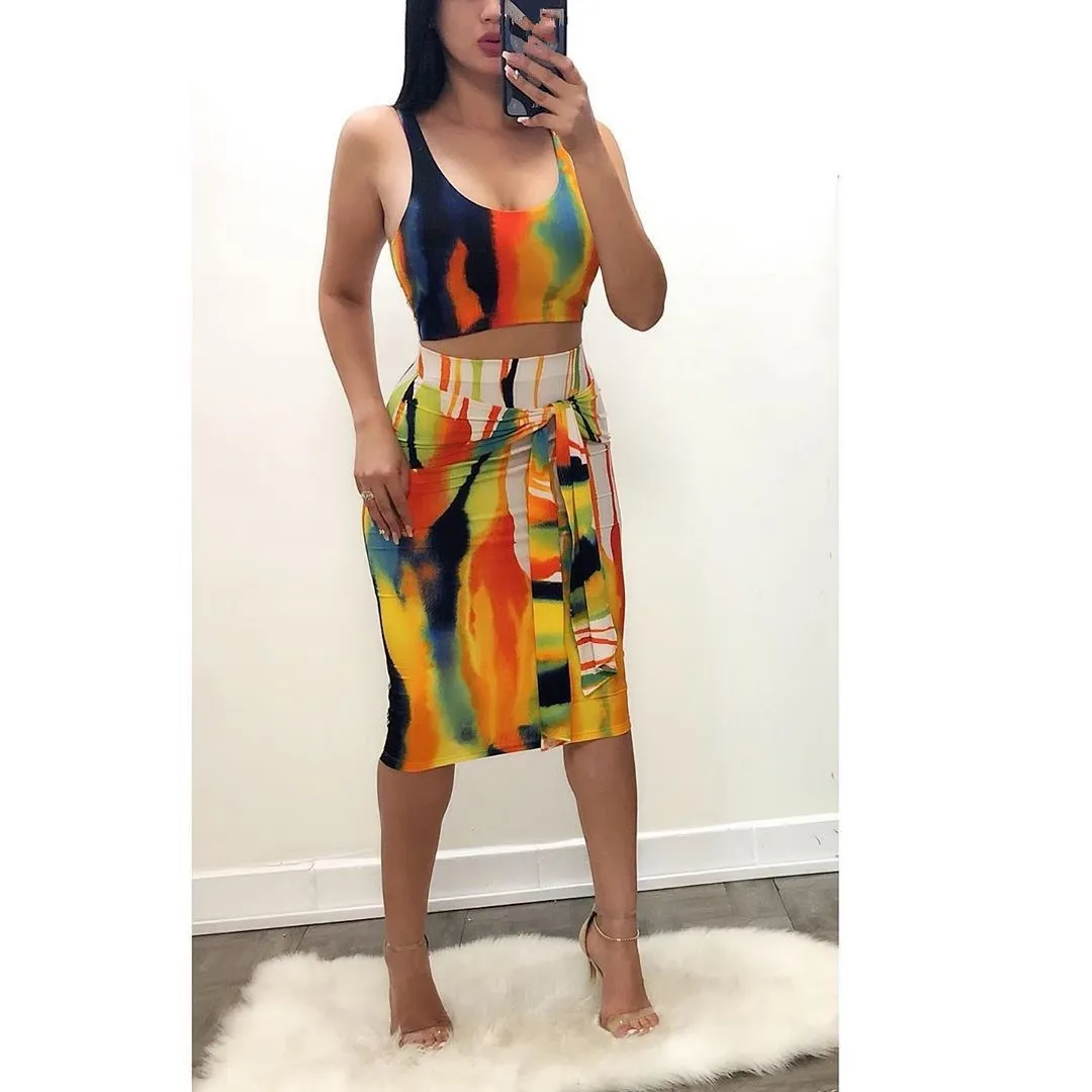 

2019 New Sexy Tie Dye Two Piece Set Sleeveless Women Straps Crop Top And Mid Skirt 2 Piece Suit Summer Clothes Bodycon Outfits