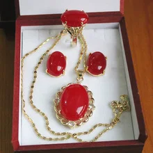 

Woman natural Jewelry Bridal Inlay red gem Necklace Earring Ring set Fine Grad silver-jewelry silver-jewelry