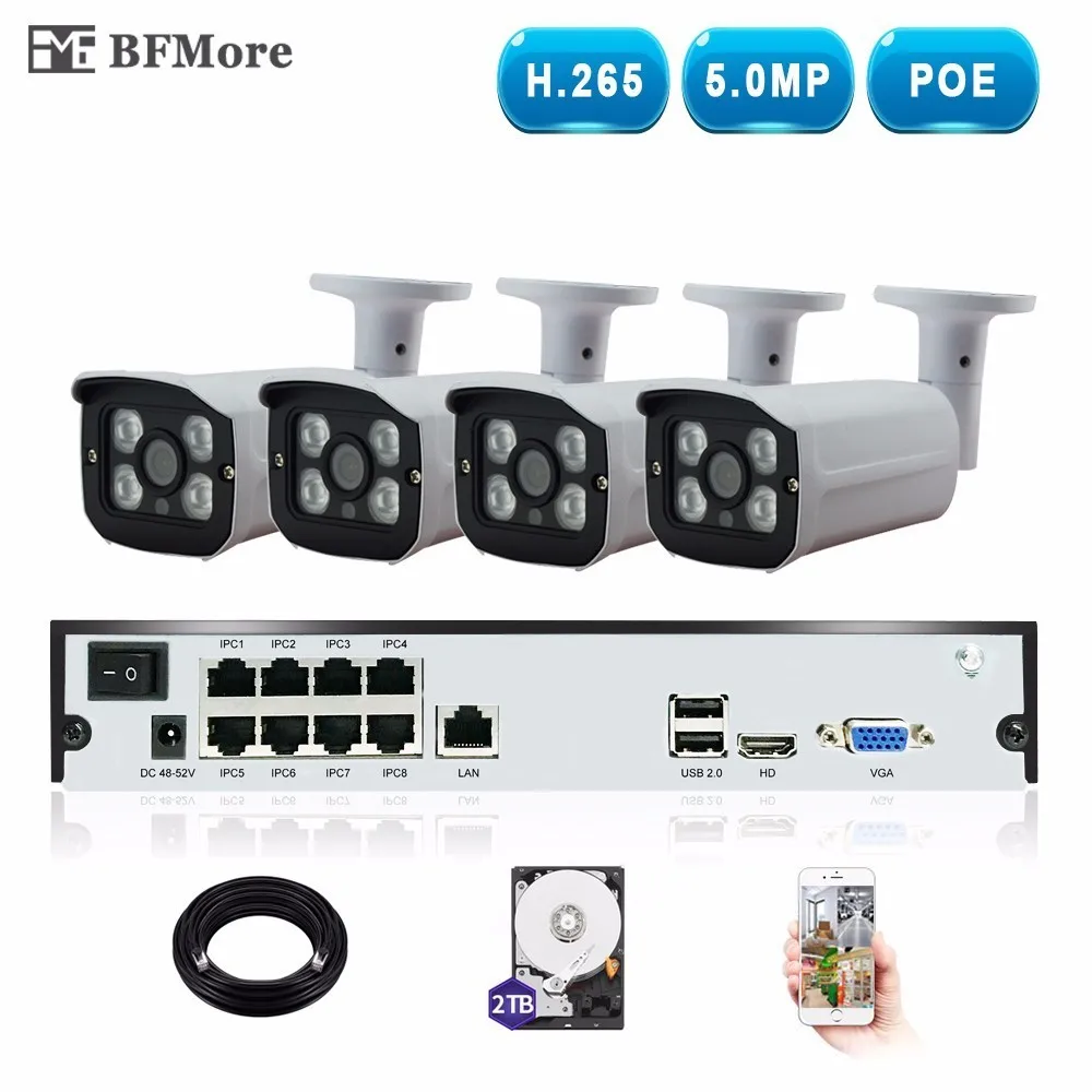 

BFMore H.265 5.0MP POE 4CH NVR Kit CCTV System IP Camera P2P IR IP66 Weatherproof Security Surveillance Set Email Ftp Alarm