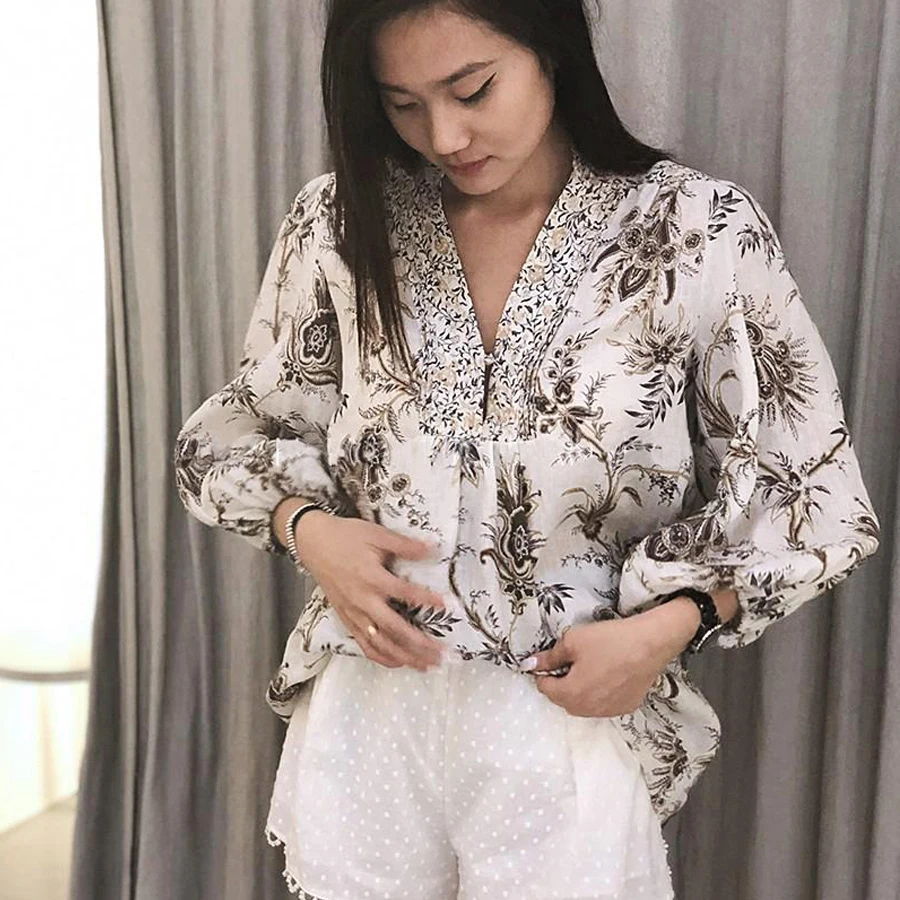 Женская блузка с цветочным принтом TEELYNN boho бежевая v образным вырезом и длинными