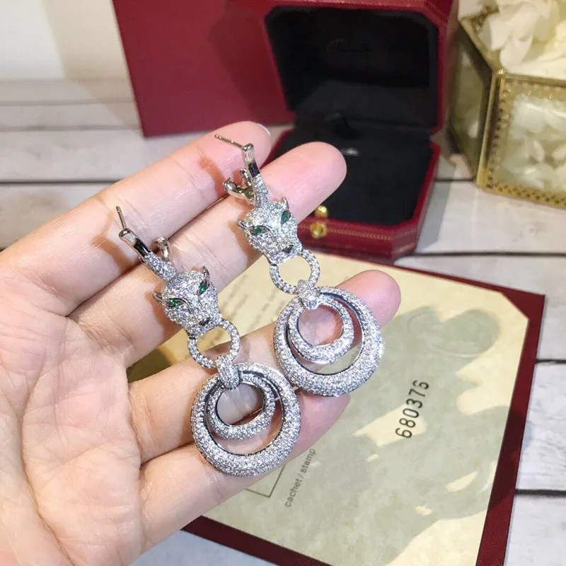 

Luxury Pseudo Gold Leopard Animal Circle Long Stud Earring Green Eyes Round 925 Silver Ear Pin Women Wedding Jewelry