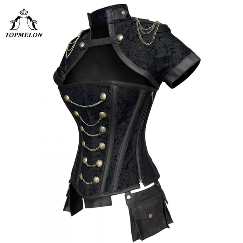 TOPMELON Steampunk Corset Gothic Steel Boned Flora Punk Bustiers Women Cut Out Chains Buttons Corselet Short Sleeve Bustier Tops