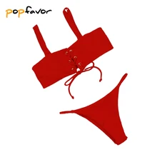 POPFAVOR Bather Sexy Bikini 2018 Women Swimwear Solid Push Up Bikini Bathing Suit Thong Brazilian Bikini Maillot De Bain 2018 sexy thong brazilian bikini swimsuit women bandage floral bikini push up bathing suit female swimwear maillot de bain bchs
