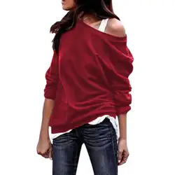 Женская Осенняя сексуальная с открытыми плечами плюс размер Однотонная футболка с длинным рукавом Повседневный пуловер свободные топы