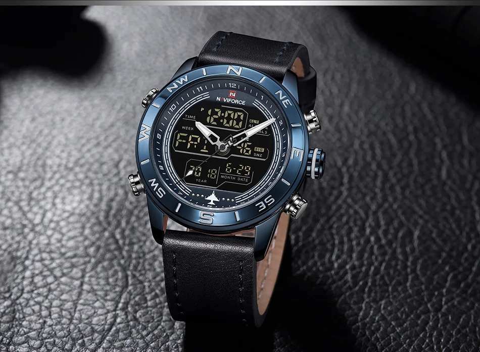 NAVIFORCE 9144 мужские модные золотые спортивные часы для мужчин s светодиодный цифровой кварцевые часы армейские военные кожаные аналоговые часы Relogio Masculino