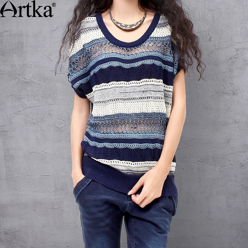 

Artka Women's Summer All-match Batwing Sleeve Silm Cutting Pullover Perforated Blue Stripes Two-sides Wear Knitwear YB13738X