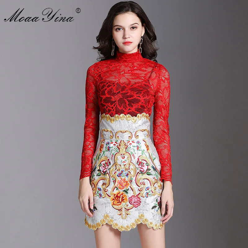 

MoaaYina Fashion Designer Turtleneck Set Spring Women Long sleeve Lace Elegant Blouse+Floral Embroidery Packet hip Skirt Suit