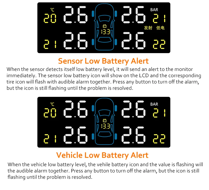 CAREUD U903 автомобильный беспроводной TPMS система контроля давления в шинах с 4 внутренними сменными датчиками батареи ЖК-дисплей