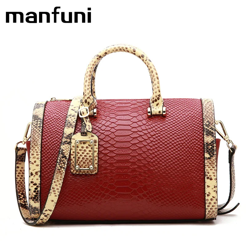 

MANFUNI Genuine Leather Women Crossbody Bags Top Fashion Handbags Serpentine Boston Ladies Shoulder Bag Casual Tote Large Bag