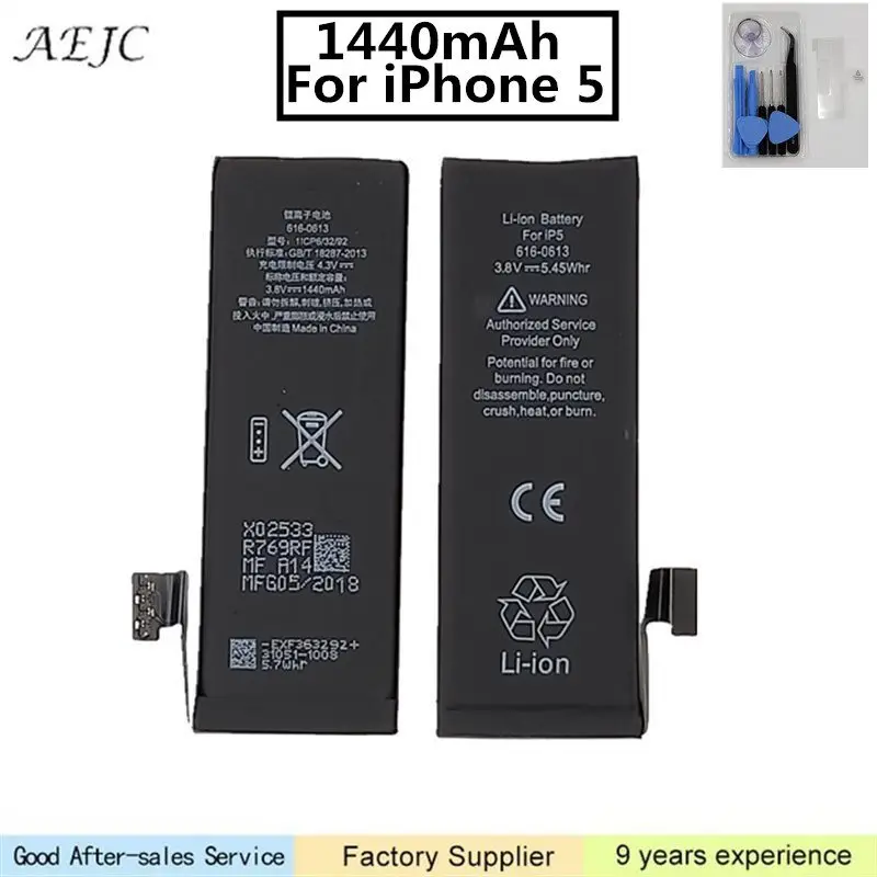 

For iphone 5 5G Battery Real Capacity 1440mAh Replacement For iphone 5 Li-ion Batterij Mobile Batteries 0 cycle with Free Tools