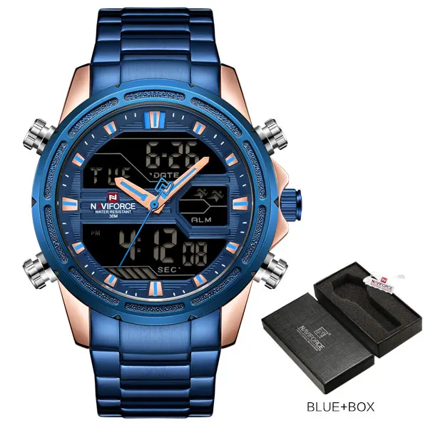 NAVIFORCE Роскошные Брендовые мужские спортивные часы мужские кварцевые светодиодный цифровые часы мужские военные наручные часы Relogio Masculino - Цвет: blue box