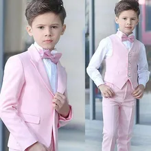 Изготовленный на заказ розовый костюм из 4 предметов для мальчиков свадебный смокинг с лацканами с острыми углами, вечерние костюмы для мальчиков на одной пуговице(Блейзер+ брюки+ жилет+ галстук