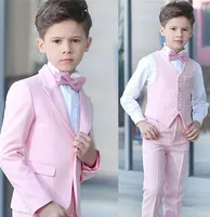 Custom Made Boy 4 Pieces Pink Suit Wedding Tuxedos Peak Lapel One Button Boy Formal Kids Suits for Party (Blazer+Pants+Vest+Tie)