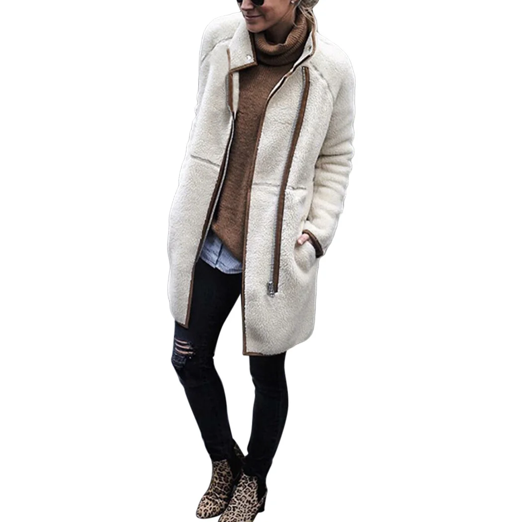 2018 Winter Warm Womens Zipper Shaggy Knitted Cardigan Ladies Long Sleeved Tops Fleece Turtleneck Cardigans Outwear Femme |