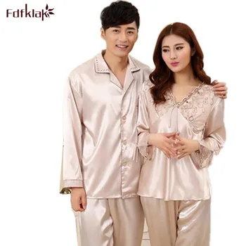 

2017 Spring Summer New Long Sleeve Couple Pajamas Turn-Down Collar Satin Silk Pajamas Women Sleepwear Plus Size Pajamas M-3XL