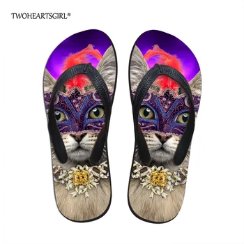 

Twoheartsgirl Kawaii Printing Cat Flip Flops for Women Purple Ladies Summer Beach Sandals Slippers Soft Female Rubber Flipflops