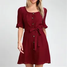 Новое поступление, летнее платье, женское однотонное пляжное платье с коротким рукавом, с пуговицами и поясом, нарядное платье, сарафан, повседневное, большие размеры, Повседневные платья XL