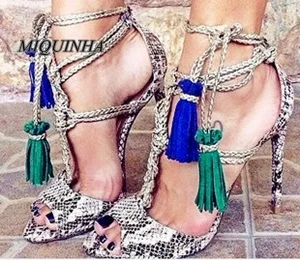 

chic women snakeskin fight color sandals lace up fringe open toe thin high heel shoes cover heel cool sexy party shoes