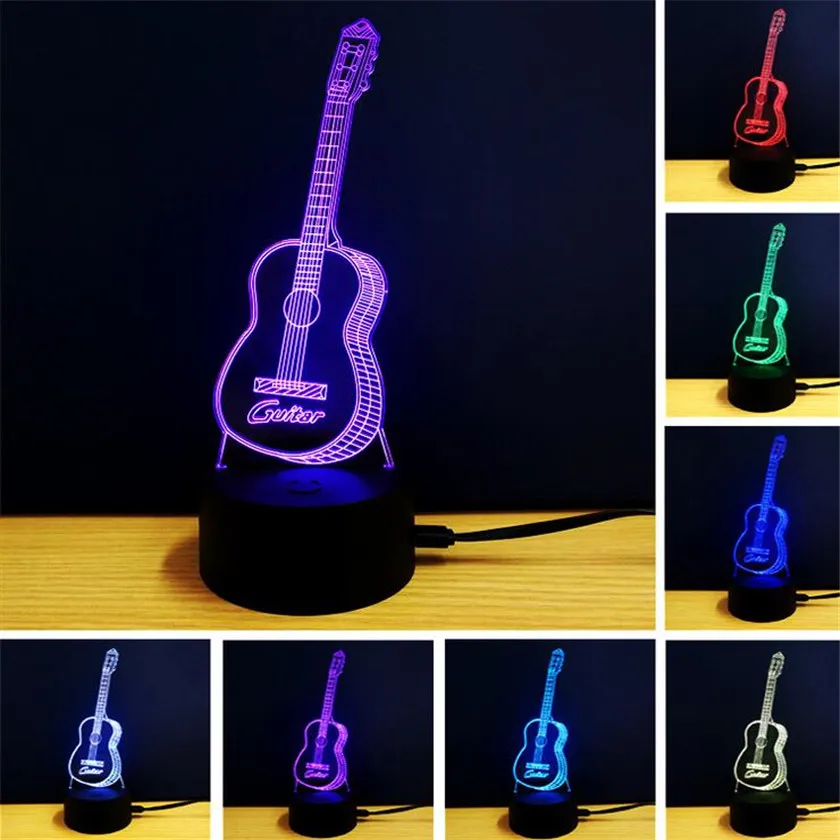 Creative 3D Visual Guitar Illusion Lamp LED 7 Color Night Light Music